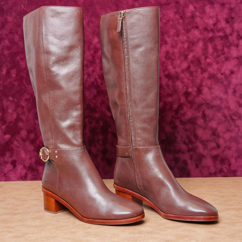 Tory Burch Women Sofia Brown Leather T Logo Dress Knee High Boots sz 9M